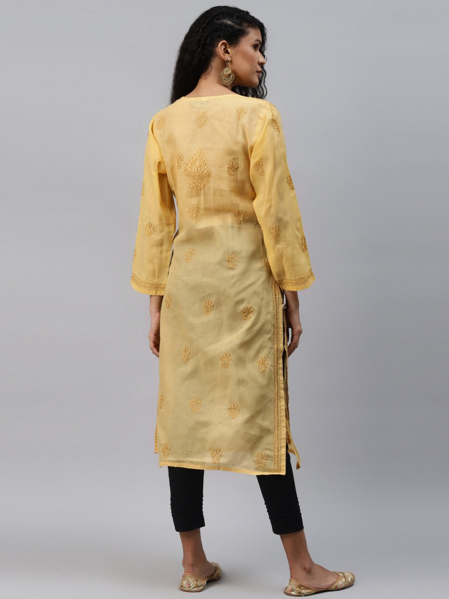 ADA Women Beige & Black Ethnic Motifs Embroidered Chikankari Handloom Kurta with Trousers - Distacart