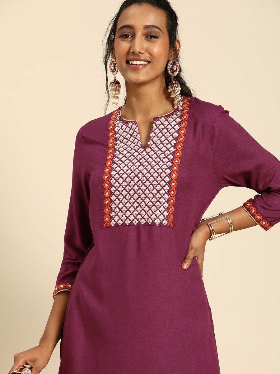 All About You Women Purple Ethnic Motifs Yoke Design Regular Thread Work Kurta with Trousers - Distacart