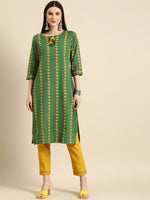Thumbnail for All About You Women Green Ethnic Motifs Printed Kurta with Mustard Yellow Trousers - Distacart