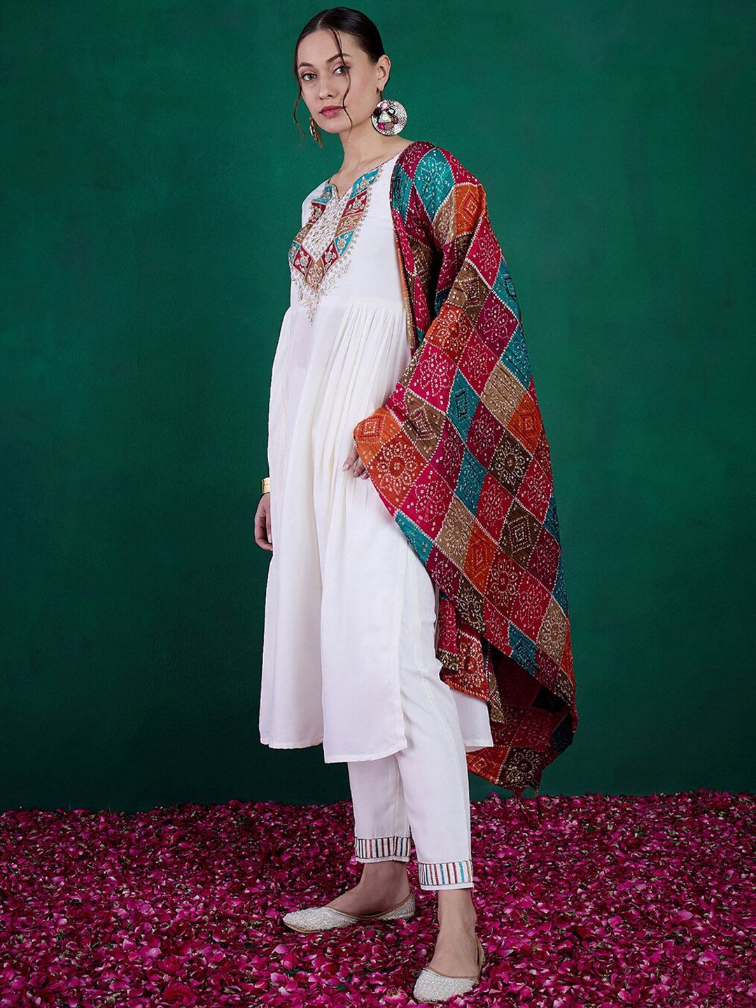 Sangria Floral Yoke Embroidered Straight Kurta & Trousers With Dupatta
