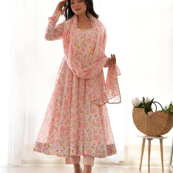 Joban Fashion Peach Kurta Set Organza Sequin Embroidery Work