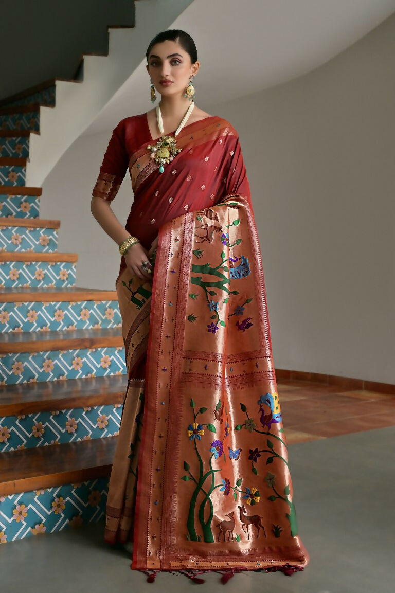 Vishnu Weaves Women's Maroon Paithani Silk Zari Woven Saree with Blouse