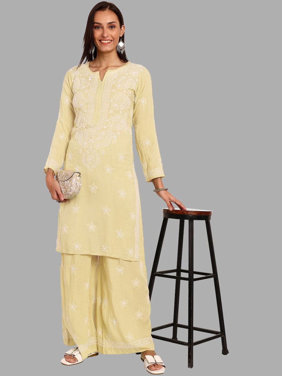 ADA Ethnic Motifs Embroidered Chikankari Straight Kurta with Palazzos - Distacart