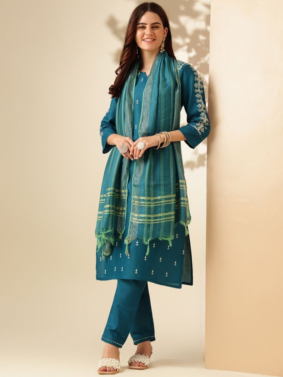 Anouk Teal Ethnic Motifs Embroidered Straight Kurta & Trouser With Dupatta