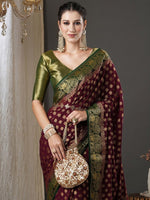 Thumbnail for Anouk Burgundy & Green Ethnic Motifs Woven Design Zari Pure Georgette Kanjeevaram Saree - Distacart