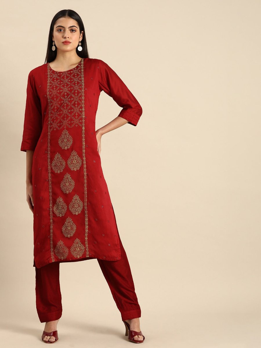 All About You Women Red & Golden Ethnic Motifs Embroidered Kurta Set - Distacart
