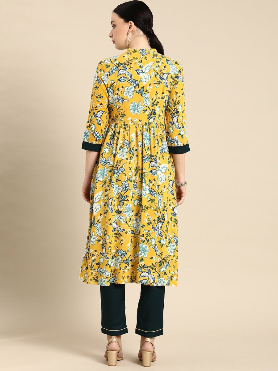All About You Women Yellow Floral Print Regular Kurta with Trousers - Distacart