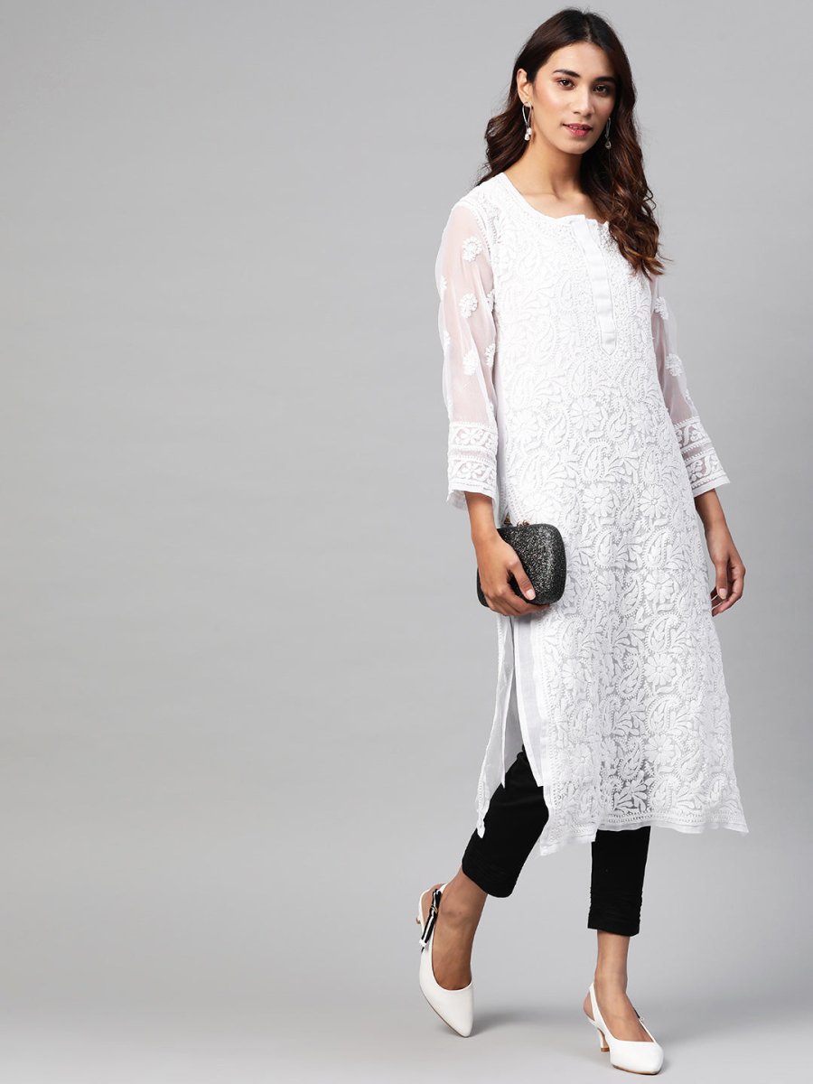 ADA Women White & Black Chikankari Embroidered Sustainable Handloom Kurta with Trousers & Inner - Distacart
