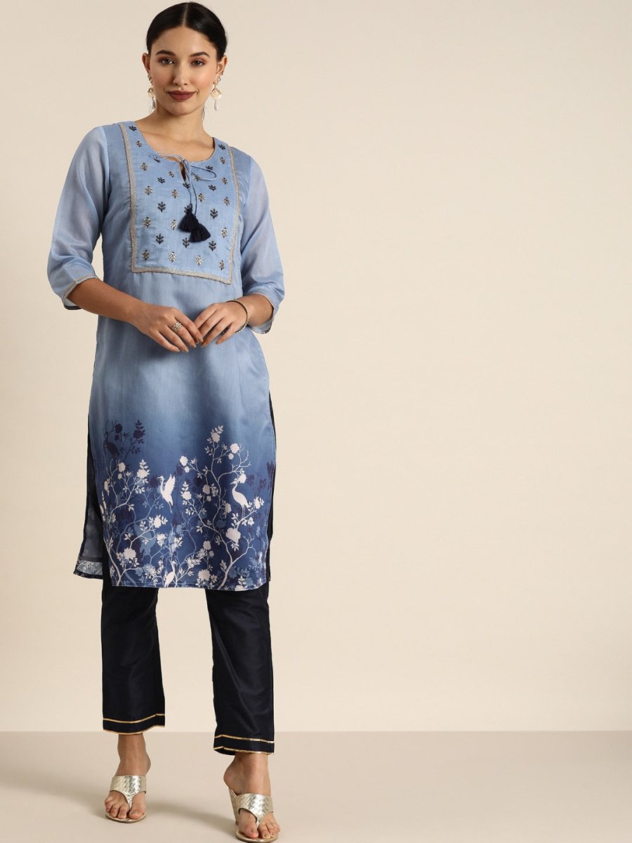 All About You Women Blue Floral Printed Kurta with Trousers - Distacart