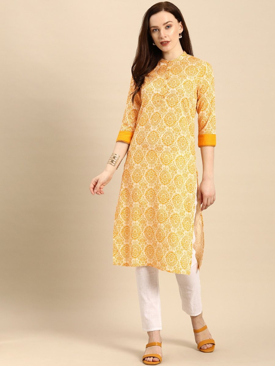 All About You Women Gold-Toned & White Printed Kurta - Distacart