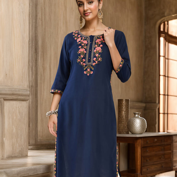 Soch Navy Blue Floral Embroidered Kurta - Distacart