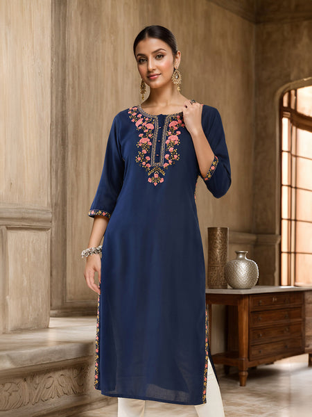 Soch Navy Blue Floral Embroidered Kurta - Distacart