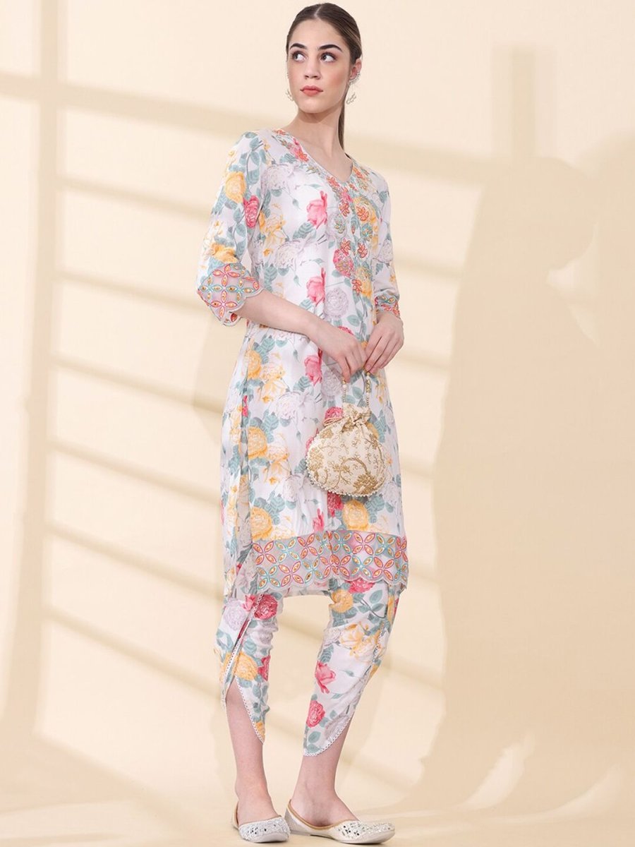 Anouk Floral Printed Thread Work V-Neck Kurta With Dhoti Pants & Dupatta