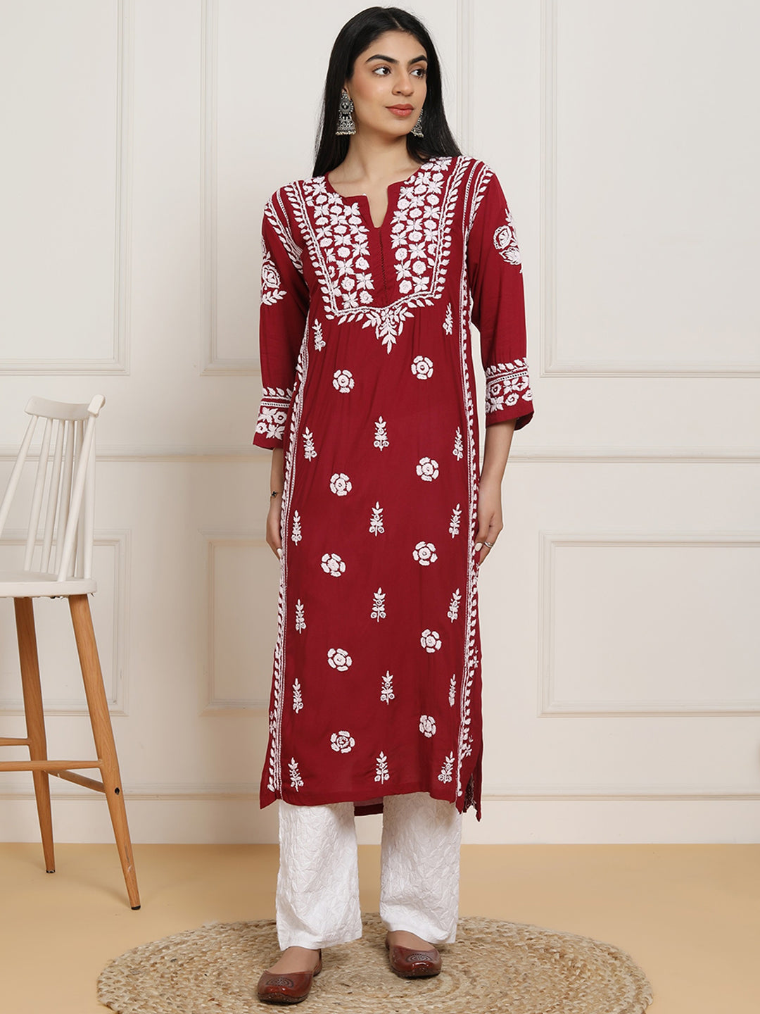 HOUSE OF KARI Floral Embroidered Chikankari Pure Cotton Kurta - Distacart