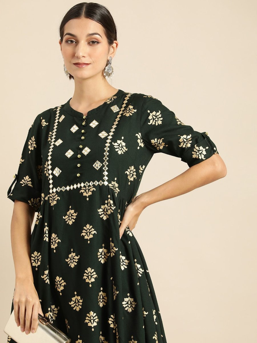 All About You Women Teal Green & Gold-Toned Ethnic Motifs Printed Mirror Work Kurta - Distacart