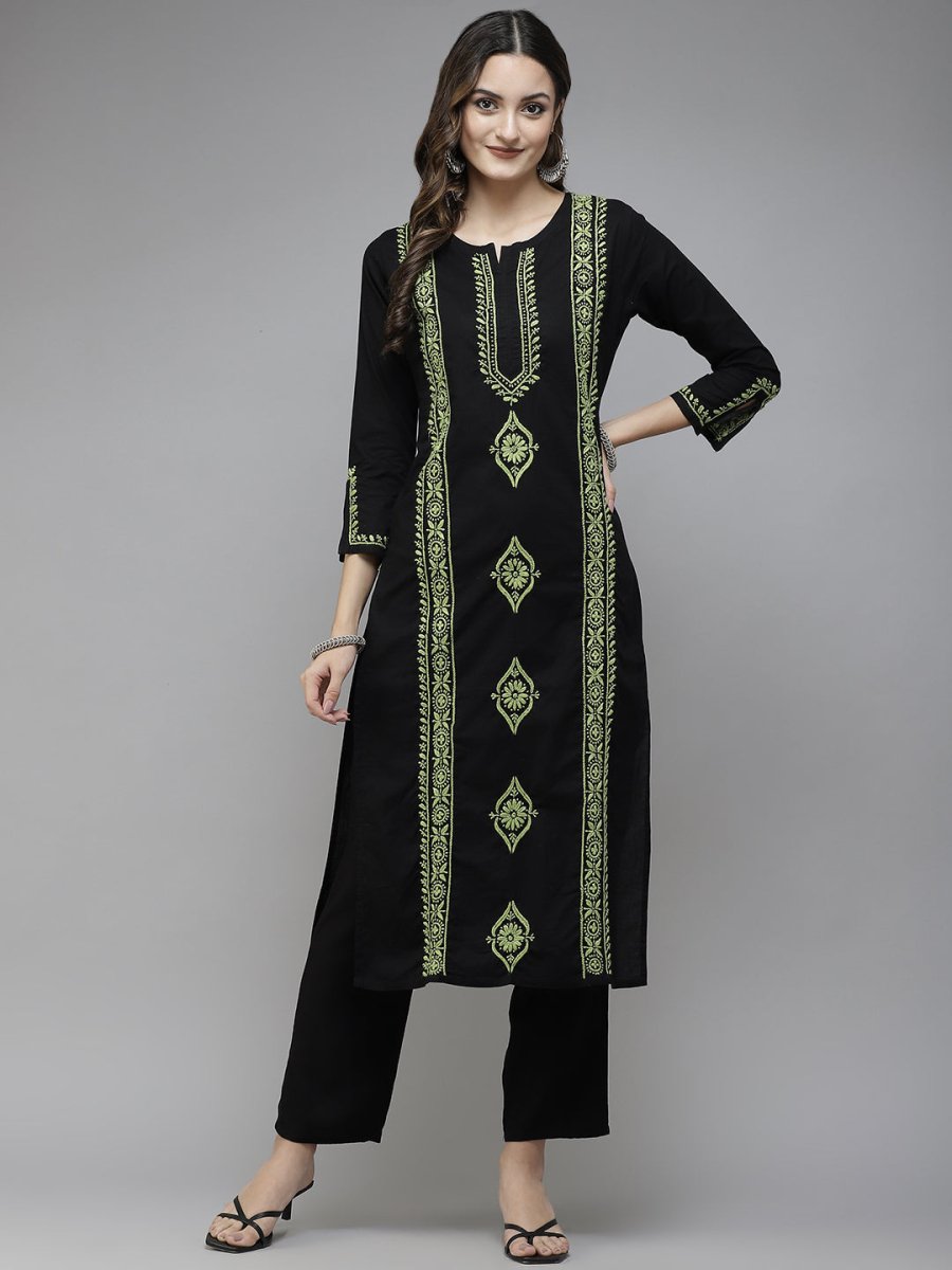 ADA Women Black & Green Ethnic Motifs Embroidered Chikankari Handloom Handloom Kurta - Distacart