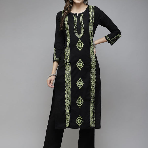 ADA Women Black & Green Ethnic Motifs Embroidered Chikankari Handloom Handloom Kurta - Distacart