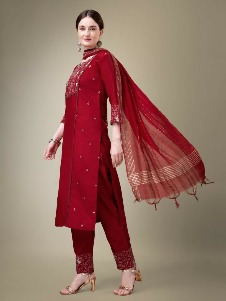Jyoti Fashion Women's Maroon Cotton Blend Embroidery & Fancy Lace work Kurta with Trouser & Dupatta - Distacart