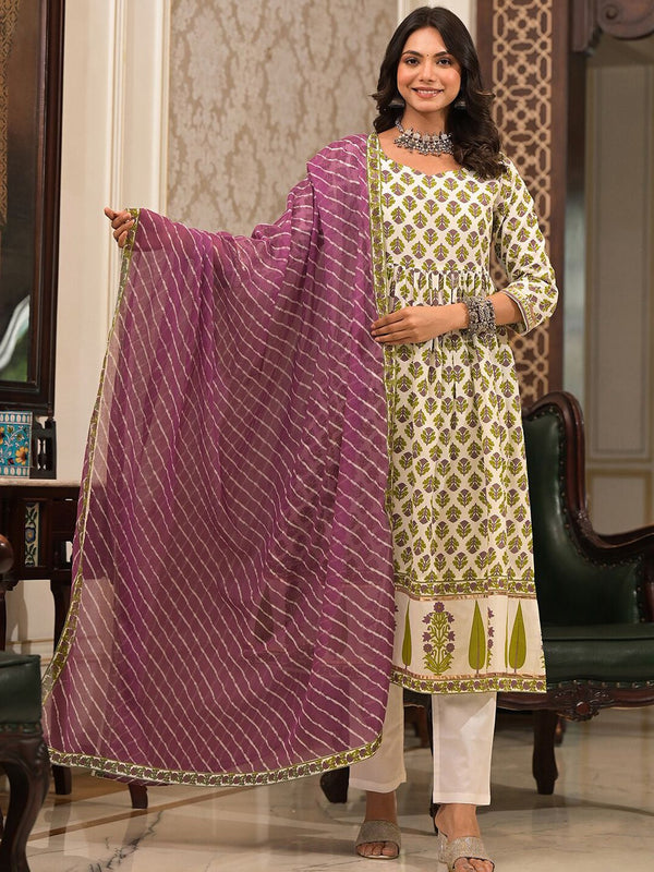 Vishudh White Floral Printed Pleated Pure Cotton Kurta with Trouser & Dupatta