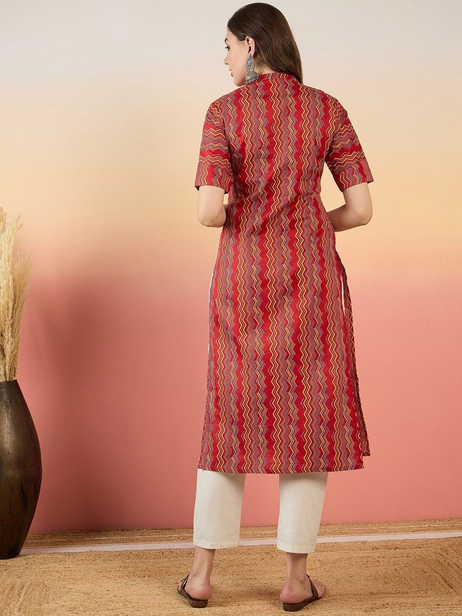 Anouk Red Chevron Printed Mandarin Collar Short Sleeves Cotton Kurta