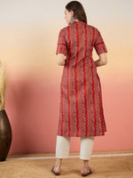 Thumbnail for Anouk Red Chevron Printed Mandarin Collar Short Sleeves Cotton Kurta