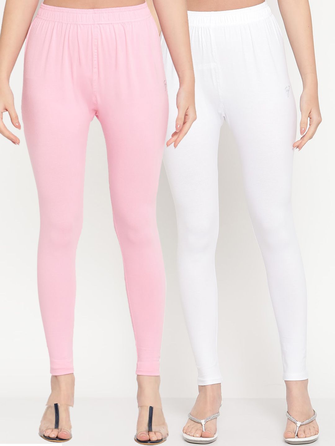 TAG 7 Women Pack Of 2 White & Pink Solid Comfort-Fit Ankle-Length Leggings - Distacart