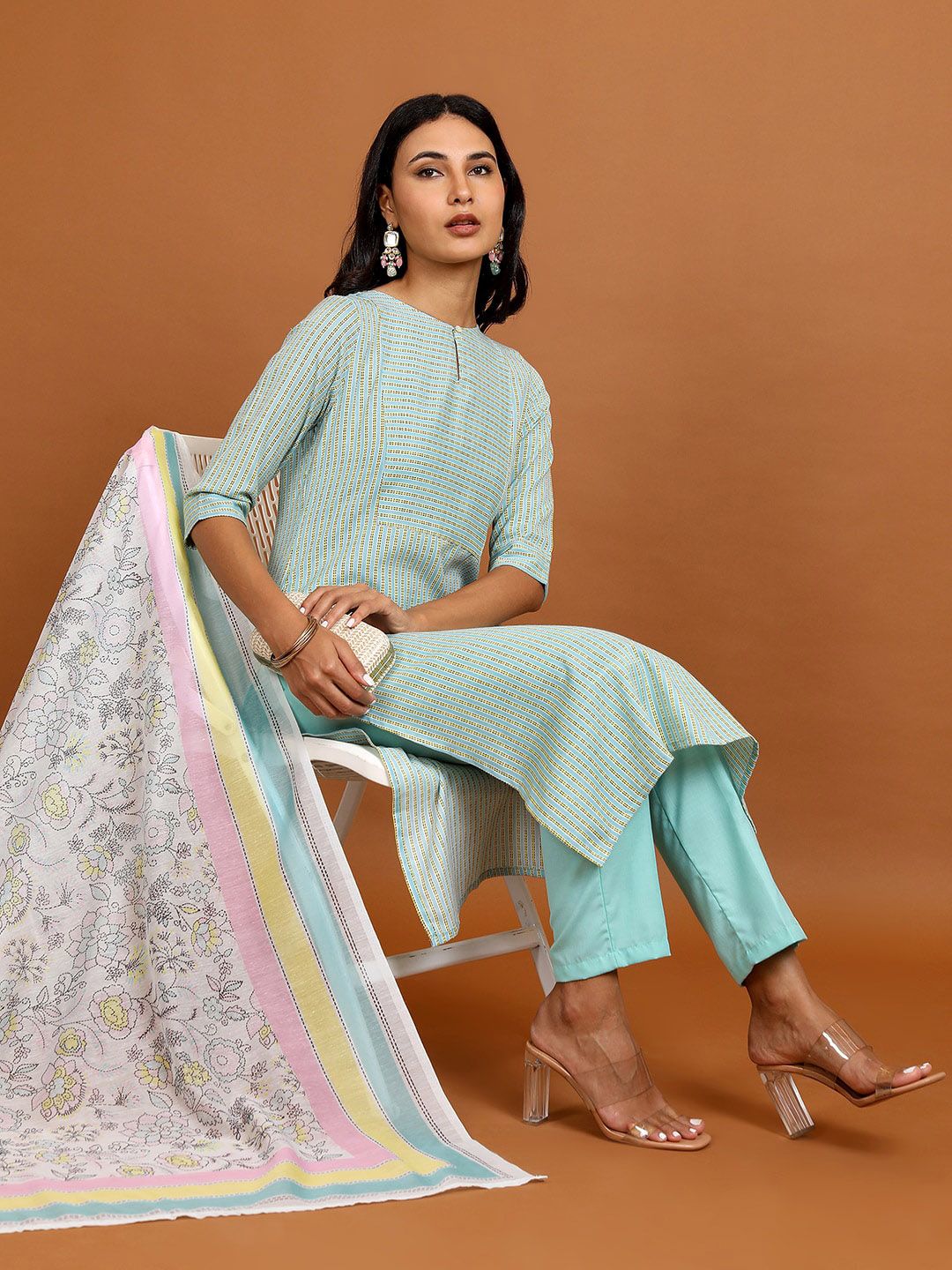 Vishudh Striped Keyhole Neck Straight Kurta With Trousers & Dupatta