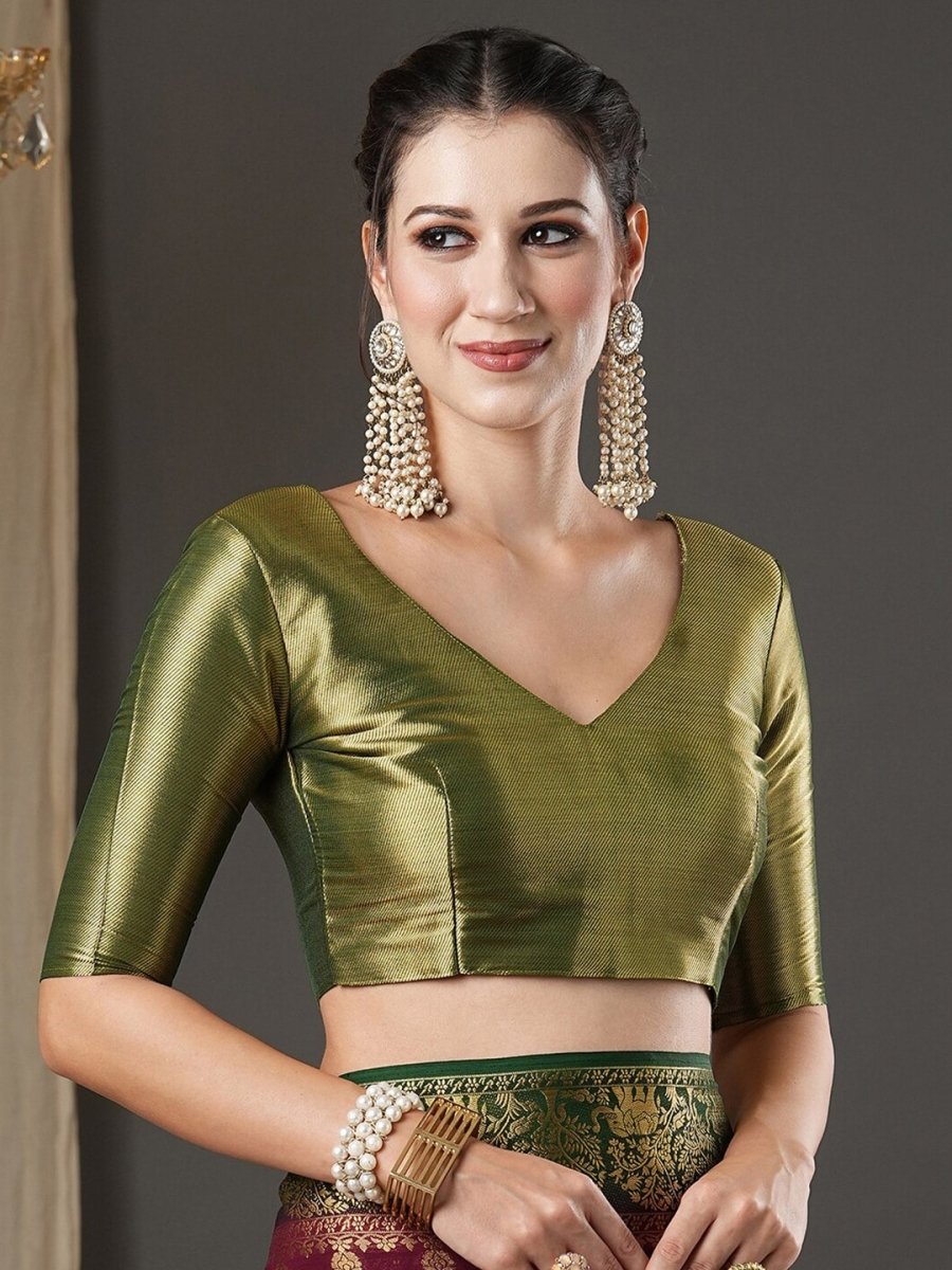 Anouk Burgundy & Green Ethnic Motifs Woven Design Zari Pure Georgette Kanjeevaram Saree - Distacart
