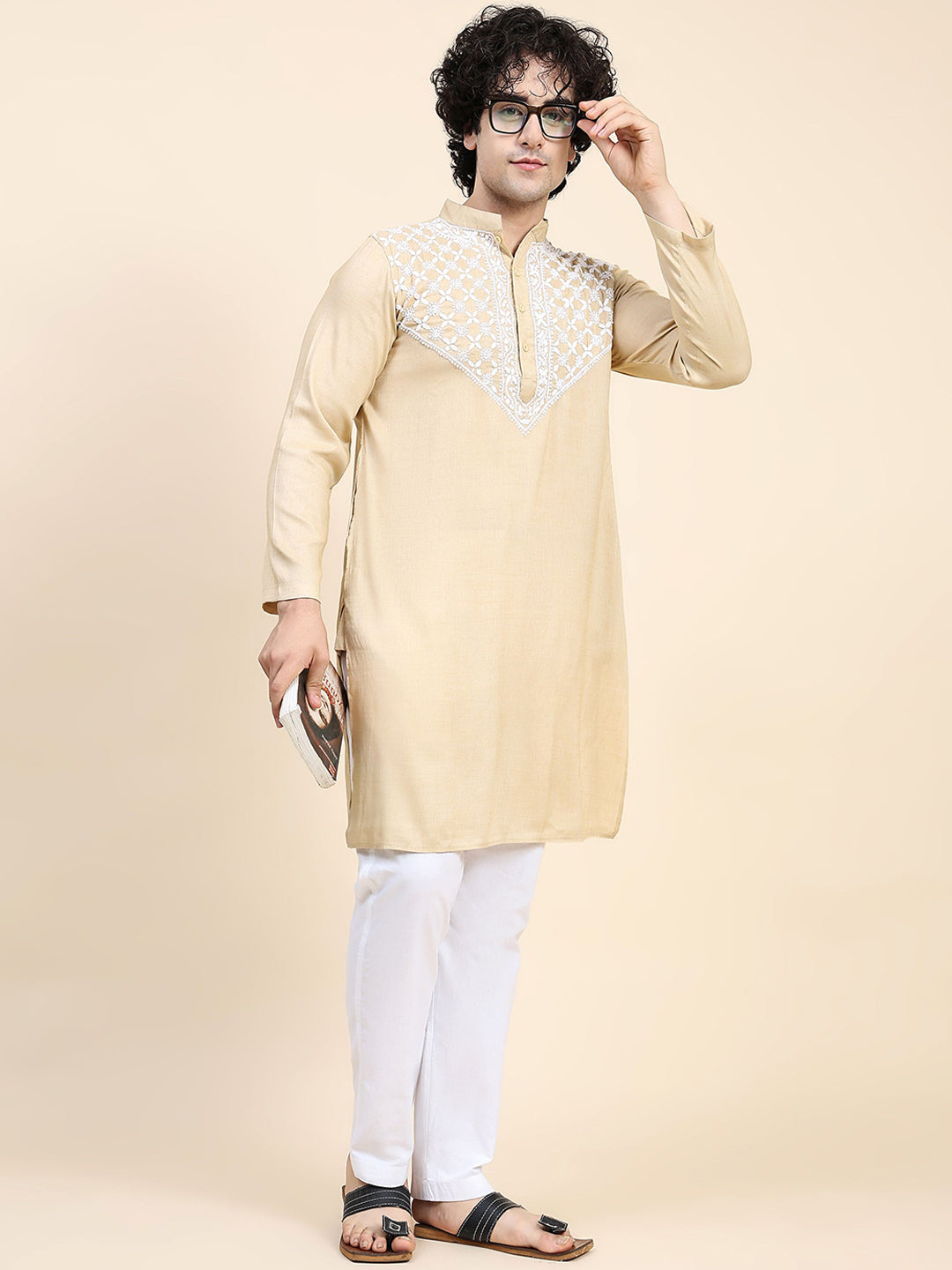 HOUSE OF KARI Ethnic Motifs Yoke Design Mandarin Collar Chikankari Pure Cotton Kurta - Distacart