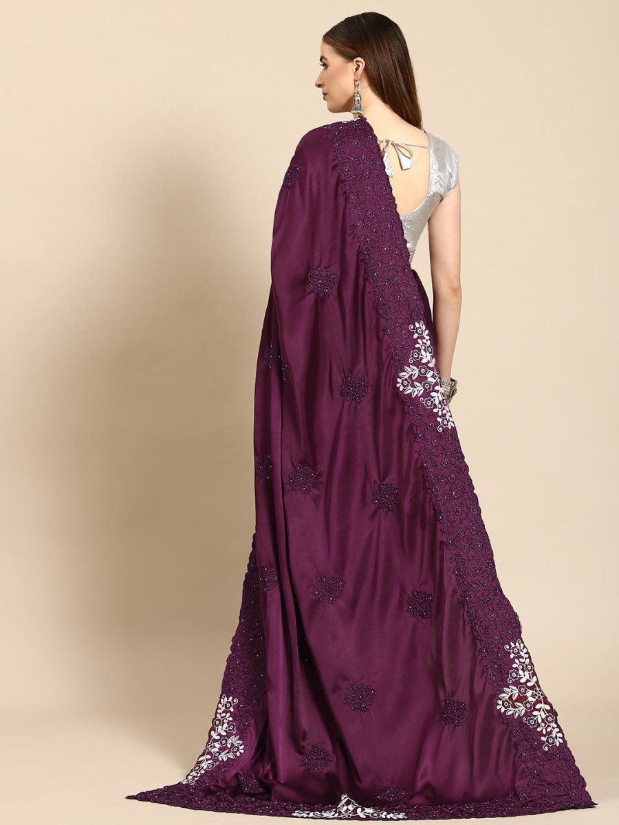 Anouk Burgundy & White Floral Embroidered Satin Saree - Distacart