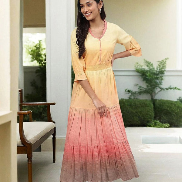AURELIA Women Yellow & Pink Solid Round Neck Maxi Dress - Distacart