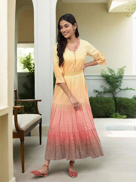 AURELIA Women Yellow & Pink Solid Round Neck Maxi Dress - Distacart