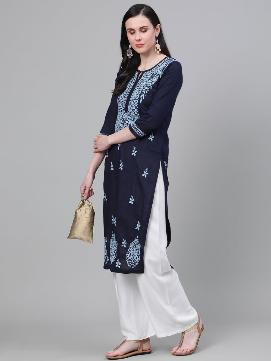 ADA Women Blue Chikankari Hand Embroidered Cotton Straight Sustainable Handloom Kurta - Distacart