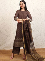 Thumbnail for Vishudh Brown Ethnic Motifs Printed Keyhole Neck Straight Kurta With Palazzos & Dupatta