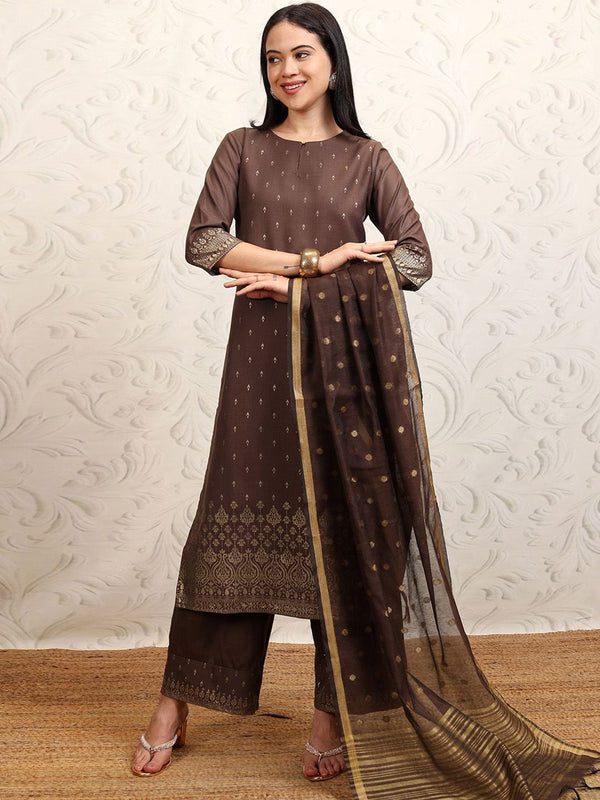 Vishudh Brown Ethnic Motifs Printed Keyhole Neck Straight Kurta With Palazzos & Dupatta