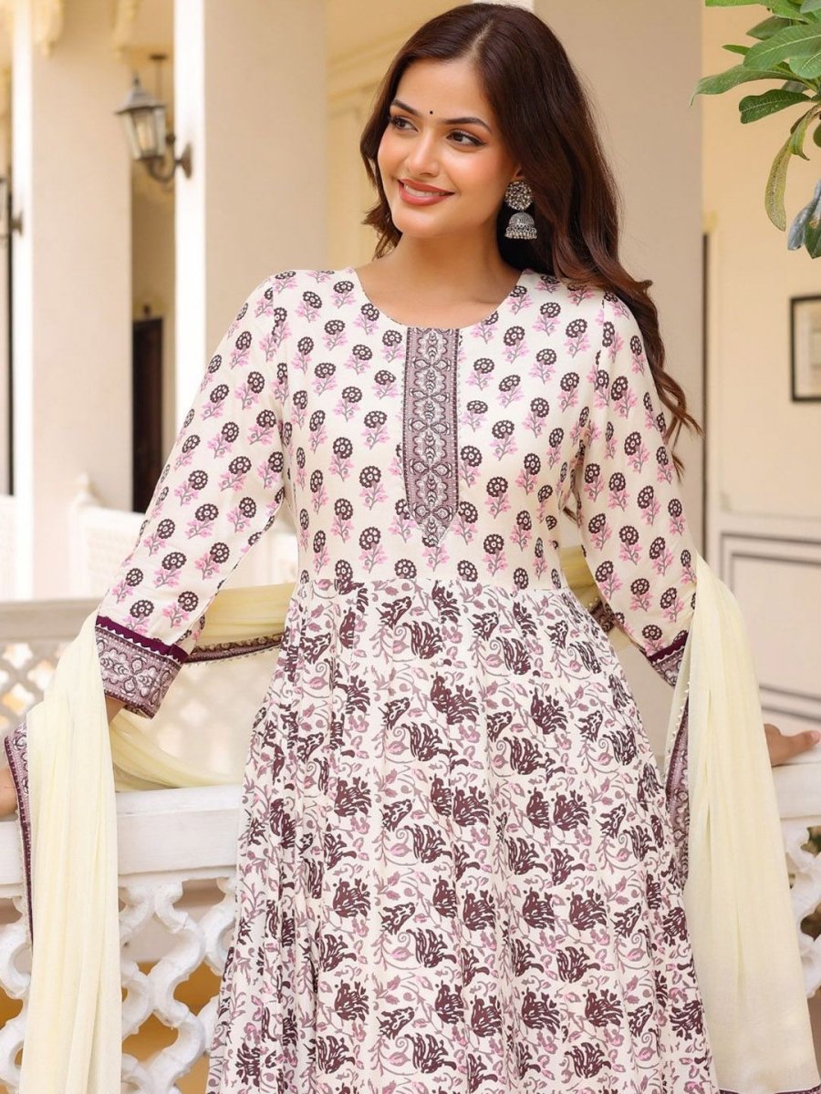 Anouk Floral Printed Round Neck Anarkali Kurta With Trousers & Dupatta - Distacart
