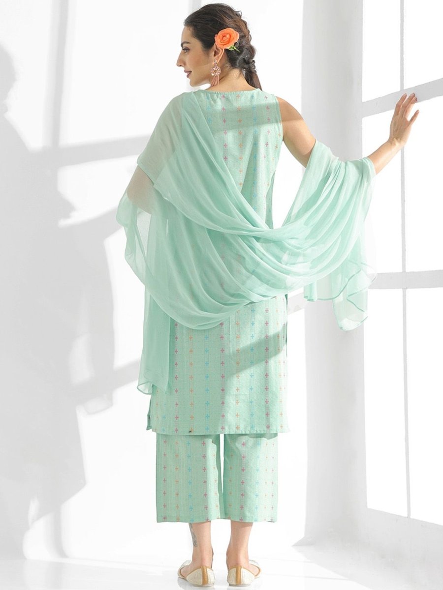 Anouk Turquoise Blue Striped Thread Work Pure Cotton Kurta with Palazzos & Dupatta