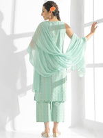 Thumbnail for Anouk Turquoise Blue Striped Thread Work Pure Cotton Kurta with Palazzos & Dupatta