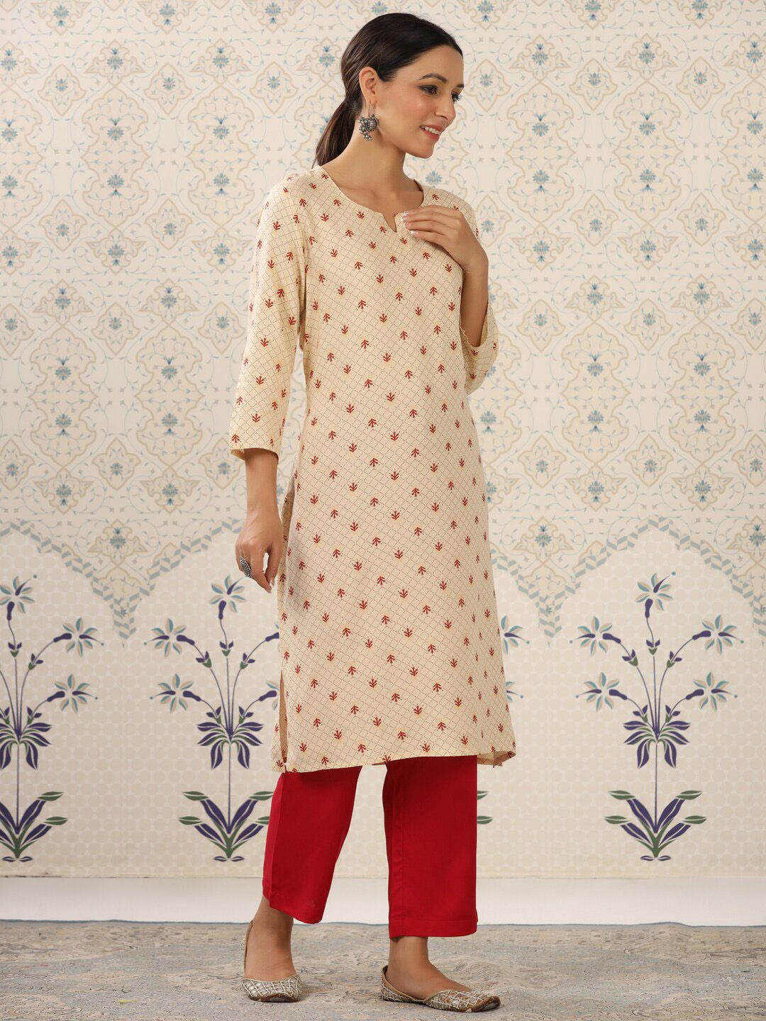 Ode by House of Pataudi Cream-Coloured & Red Printed Notched Neck Kurta With Palazzos - Distacart