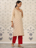 Thumbnail for Ode by House of Pataudi Cream-Coloured & Red Printed Notched Neck Kurta With Palazzos - Distacart
