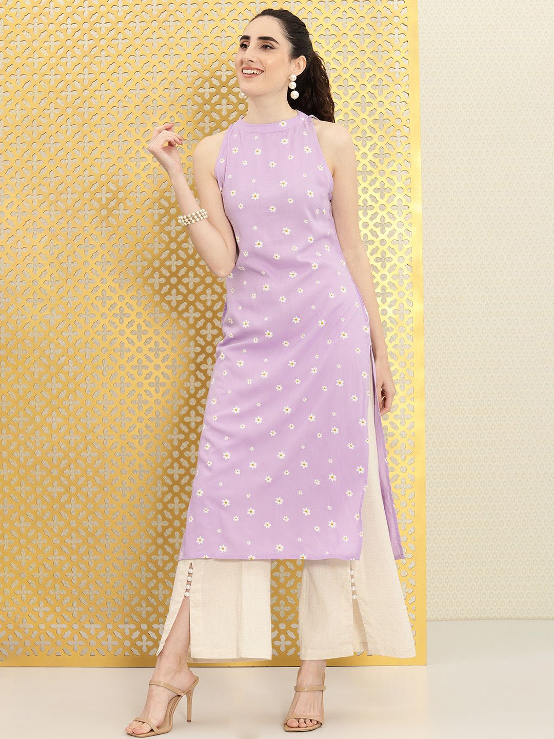 Ode by House of Pataudi Women Lavender & White Floral Printed Rozana Kurta - Distacart