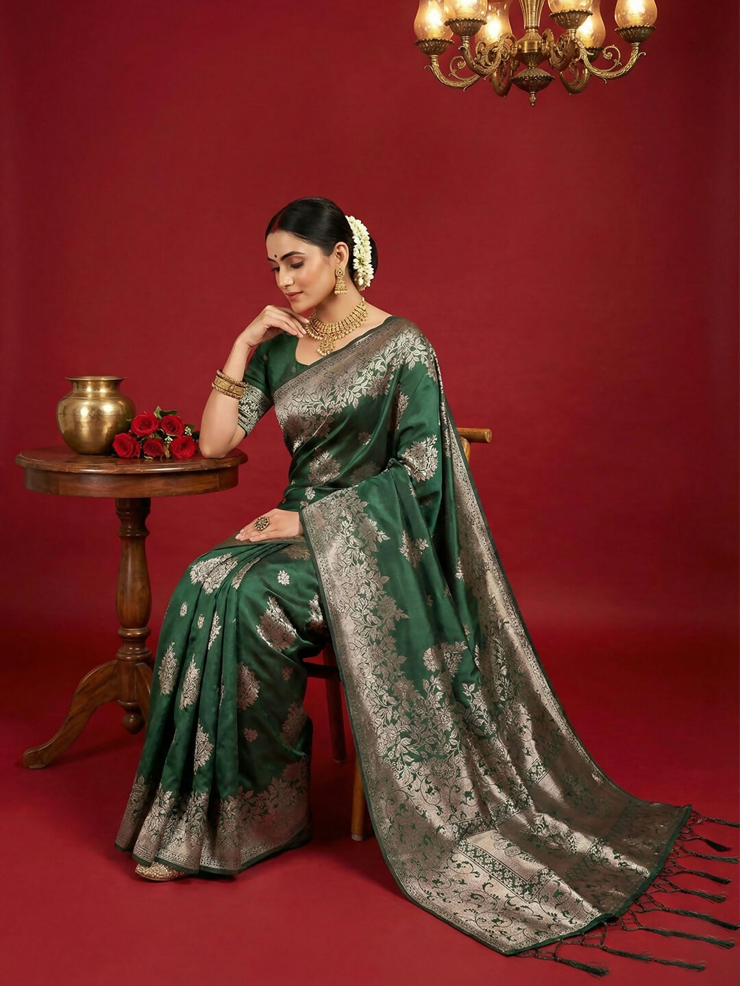 Shree Shyam Fashion Dark Green Silk Blend Saree - Distacart