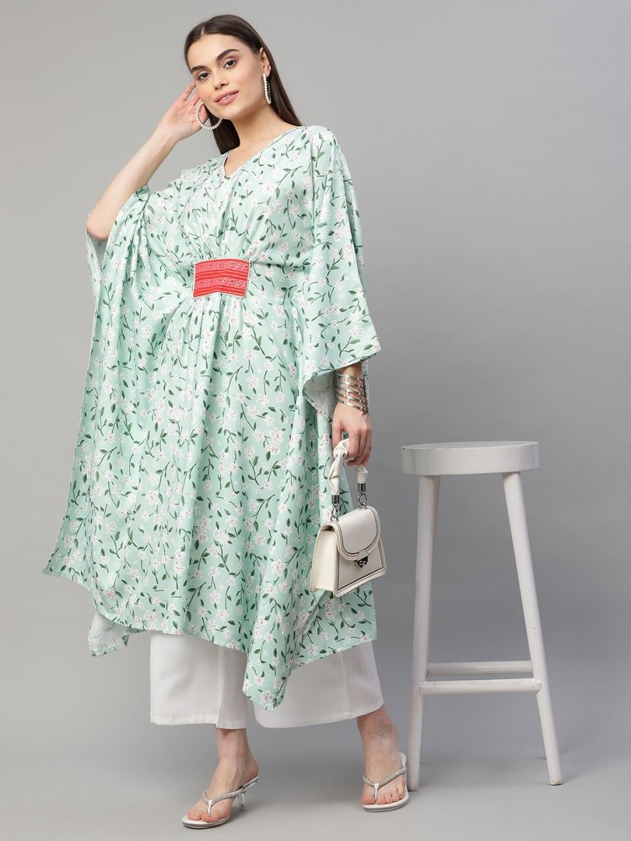 Ahalyaa Women Light Green Rayon Printed Flared Sleeve Kaftan Kurta - Distacart