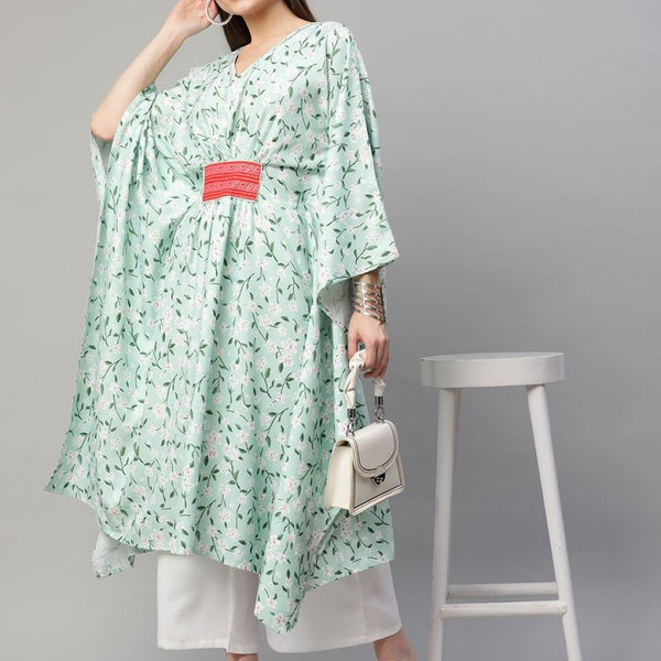 Ahalyaa Women Light Green Rayon Printed Flared Sleeve Kaftan Kurta - Distacart