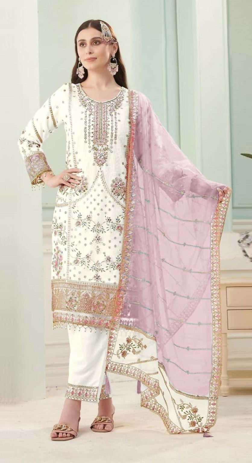 Anaita White Fox Georgette Stitched Suit with Embroidery Sequins - Distacart