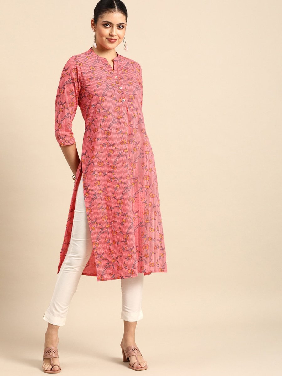 All About You Women Pink & Yellow Floral Printed Kurta - Distacart