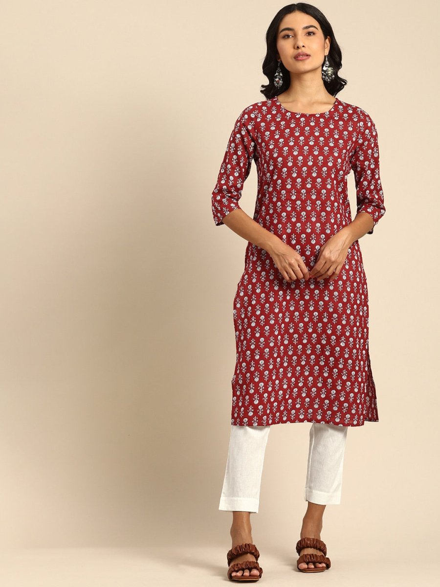All About You Women Maroon Printed Pure Cotton Kurta with Trousers - Distacart