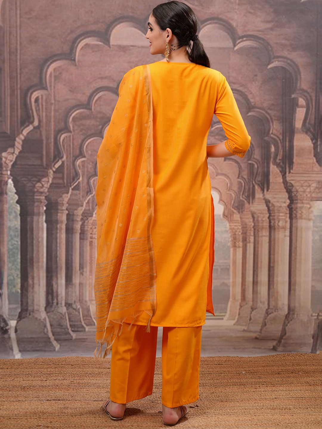 Vishudh Yellow Floral Embroidered Mirror Work Straight Kurta with Palazzo & Dupatta