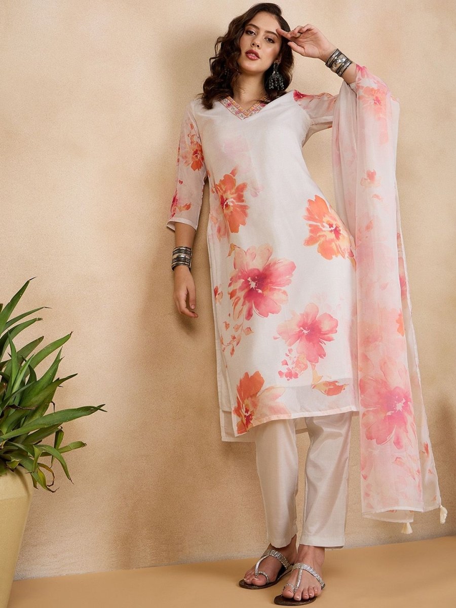 Anouk White Floral Printed Regular Straight Kurta With Trousers & Dupatta - Distacart