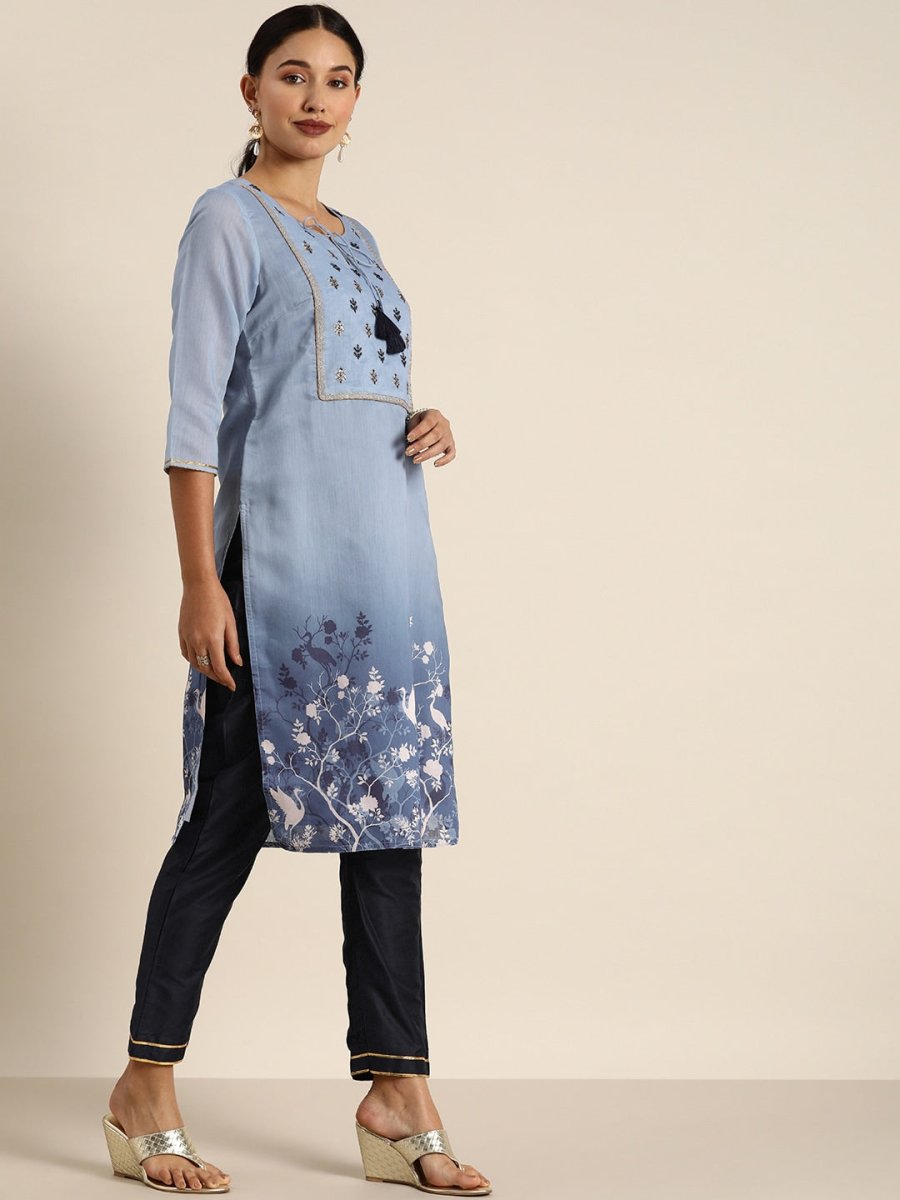 All About You Women Blue Floral Printed Kurta with Trousers - Distacart